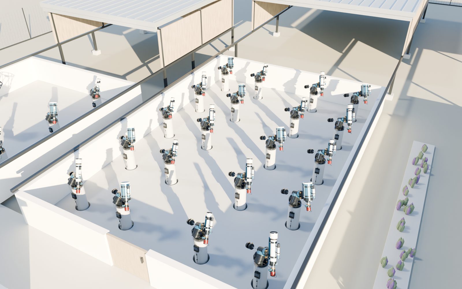 One shared bay holding twenty compact telescope stations in four columns of five.