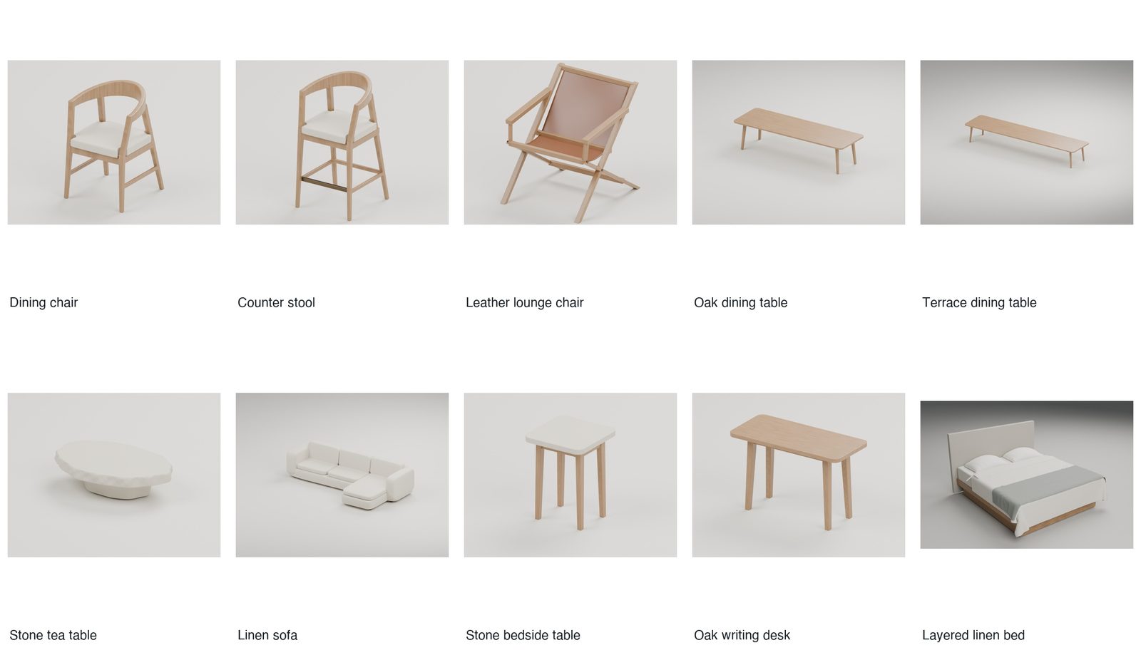 A grid of the ten isolated furniture components rendered natively in Blender.