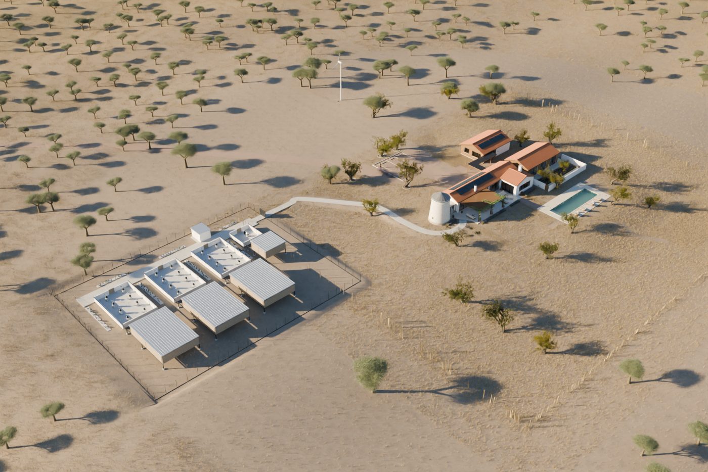 A native aerial showing the estate, closed-roof windmill and the ground-observatory location.