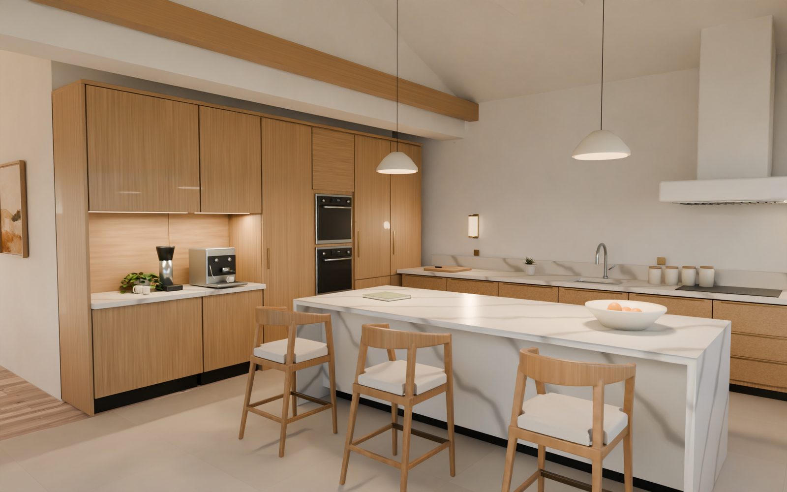 Native render of the kitchen with oak cabinetry, a marble island and individually modeled counter stools.