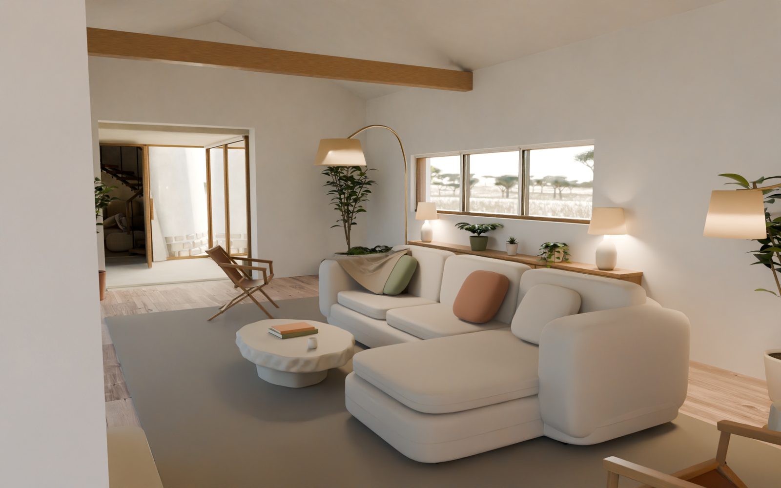 Native render of the living room, with a linen sofa, stone tea table, timber furniture and plants.