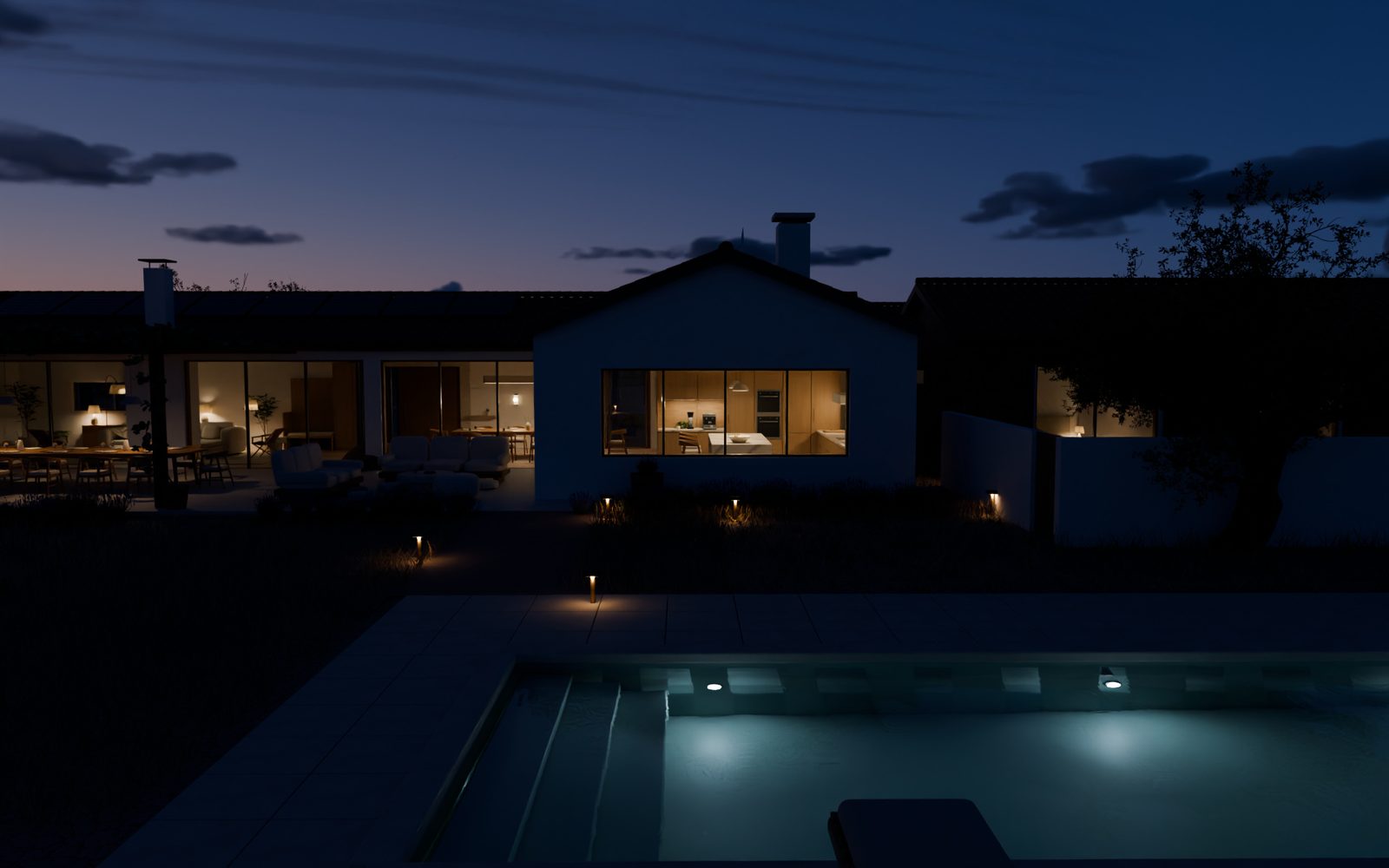 Native evening render of the pool and house with warm exterior and underwater illumination.