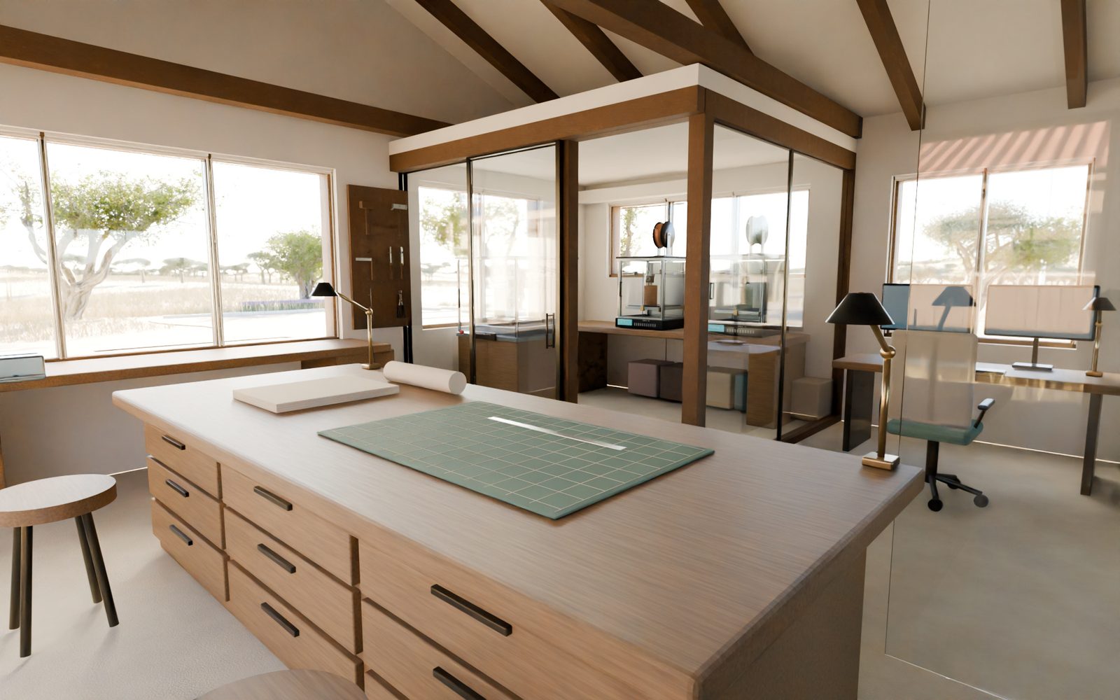 Native render of the makers studio with a work island, tools and a glazed equipment enclosure.