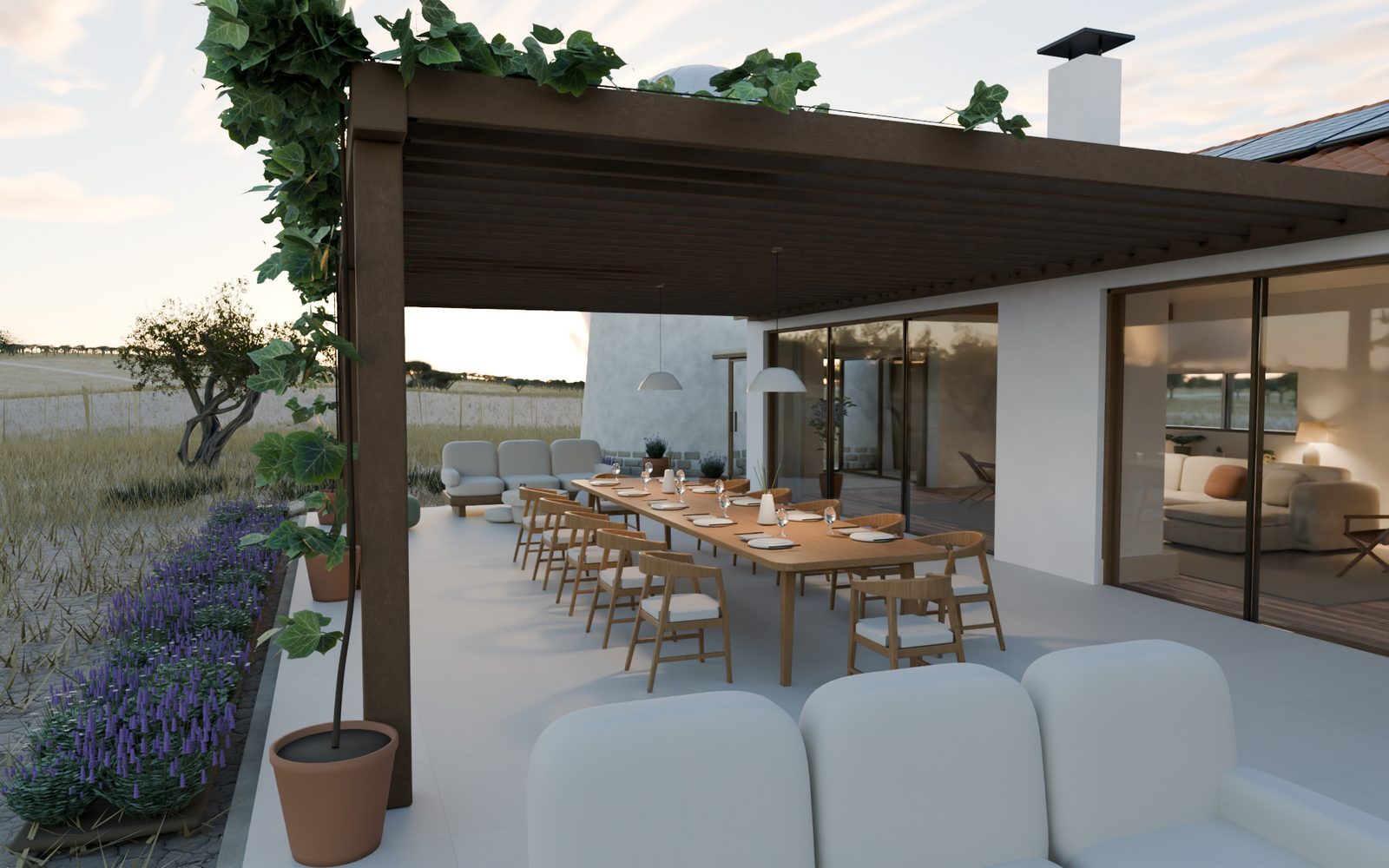 Native render of the pergola terrace with dining furniture and planted timber structure.