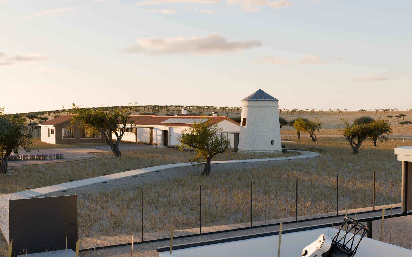 Casa do Poente at sunrise, seen from the observatory site: our Blender render of the house, the windmill lounge and the path that joins them.