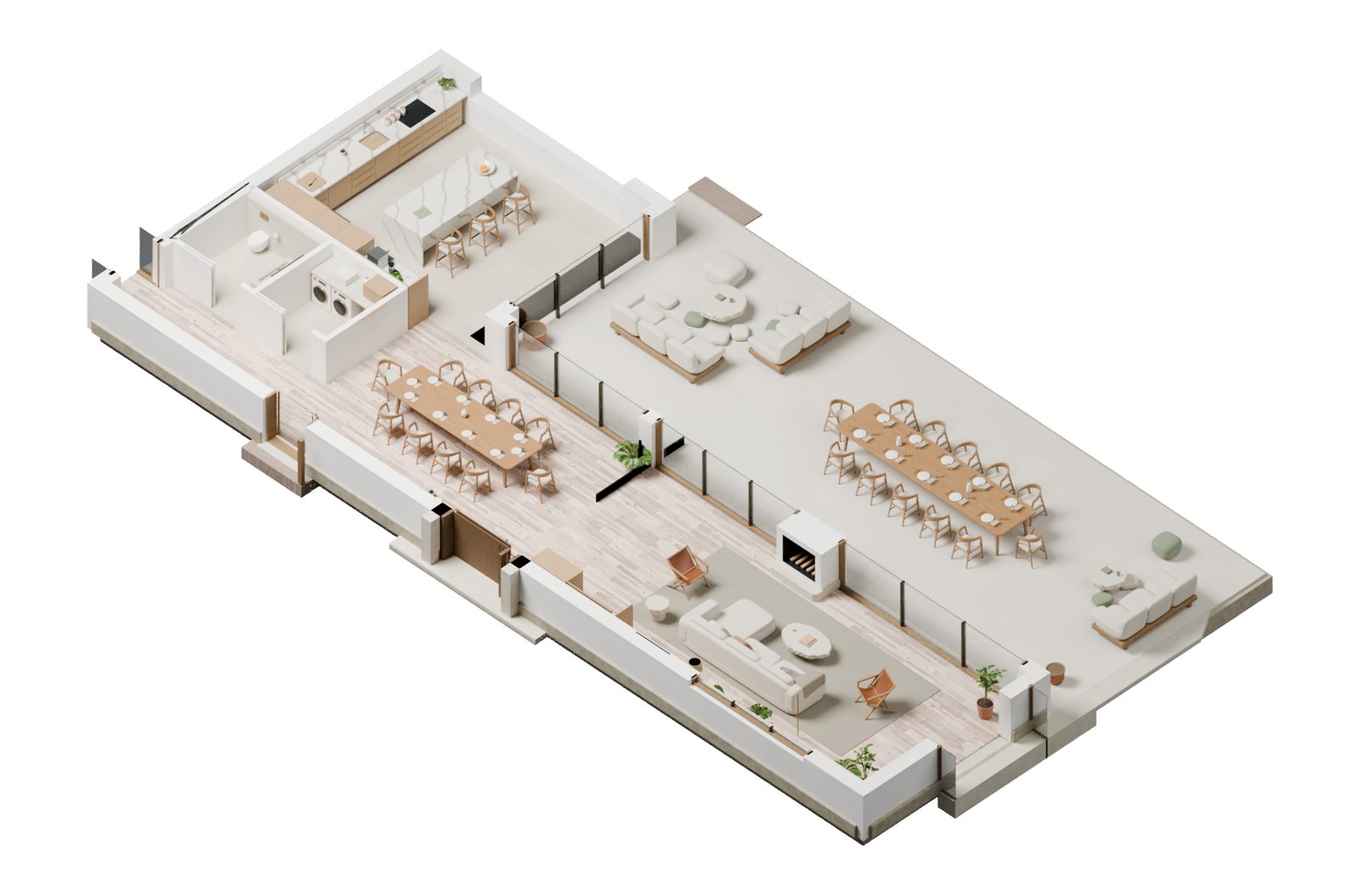 A native isometric cutaway of the main house showing kitchen, dining and living space.