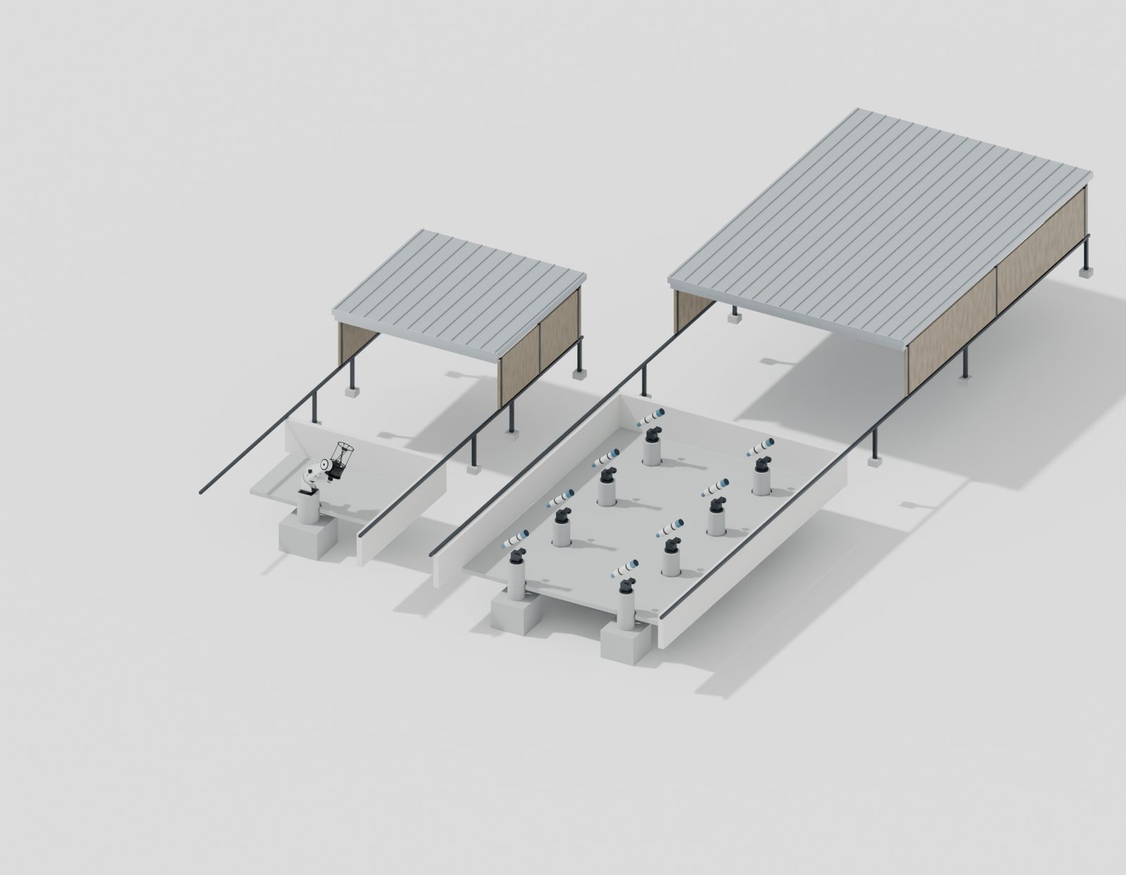Native cutaway of the ground-level telescope room and a customer bay, exposing the short instrument supports and separate footing allowances.