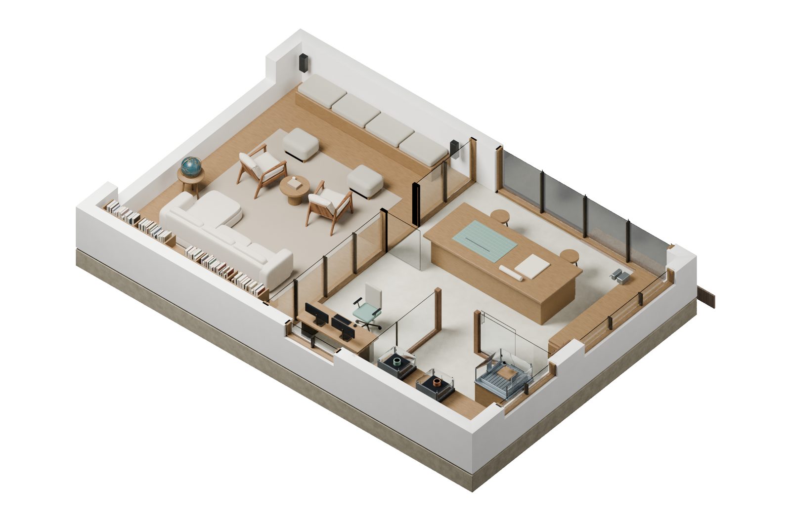 A native isometric cutaway of the pavilion, showing the library, shared studio and enclosed equipment room.