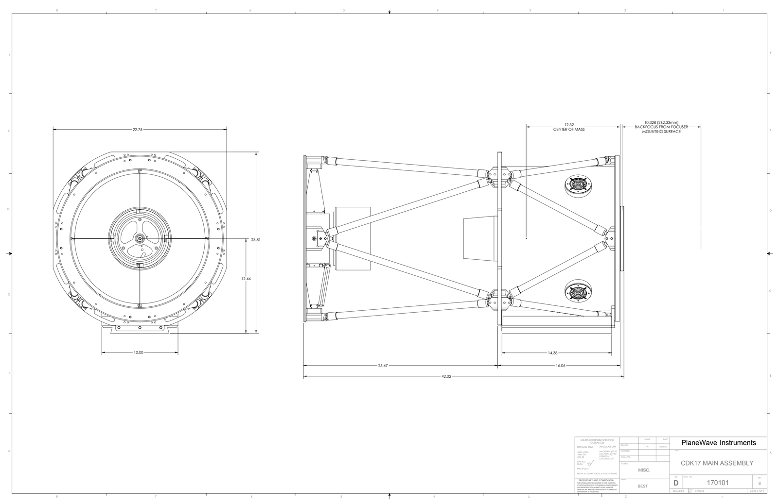 The original PlaneWave CDK17 optical tube drawing with front and side dimensions.
