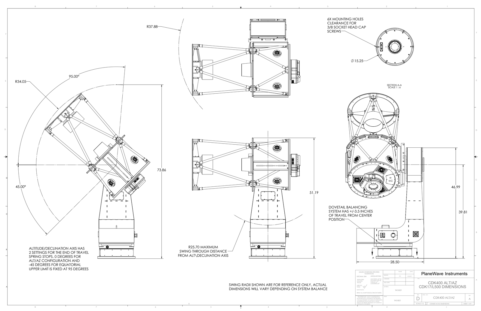 The original PlaneWave CDK400 dimensional drawing, showing the assembled CDK17 telescope and L-500 mount in several orientations.