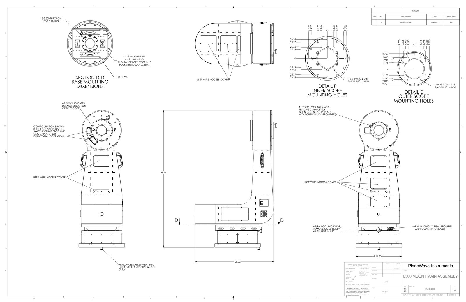 The original PlaneWave L-500 mount assembly drawing with orthographic views and interface dimensions.