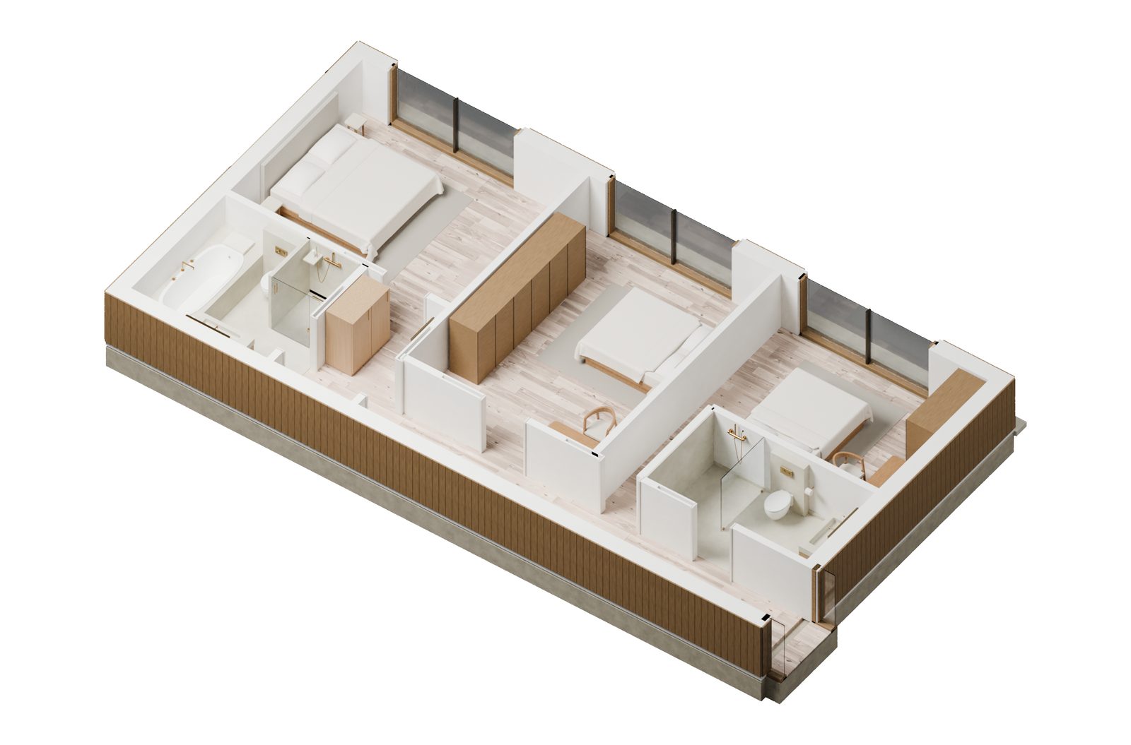 A native isometric cutaway of the private wing, showing the bedrooms, suite bathroom and corridor.