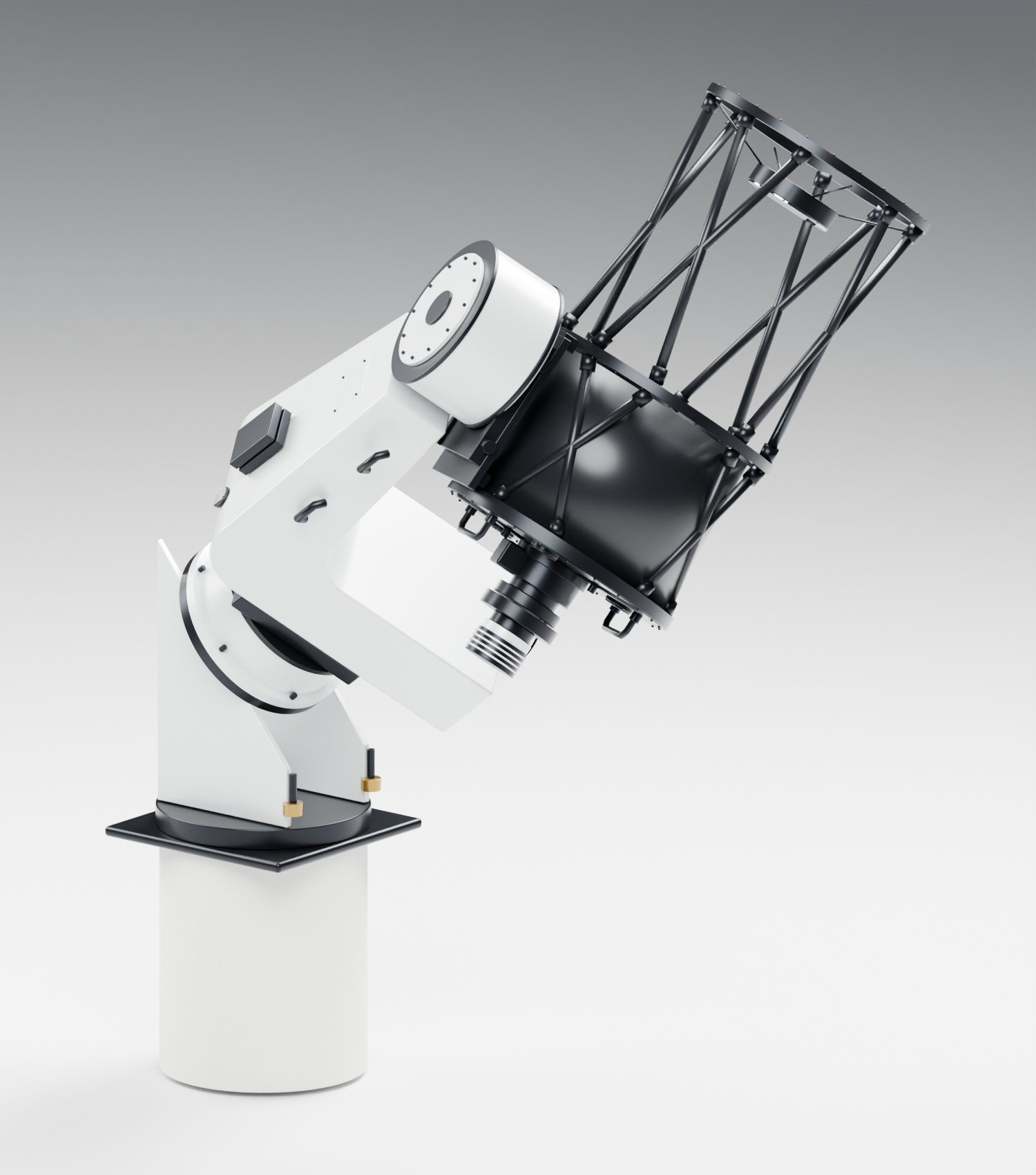 Three-quarter product view of the reconstructed optical tube, mount and equatorial wedge.