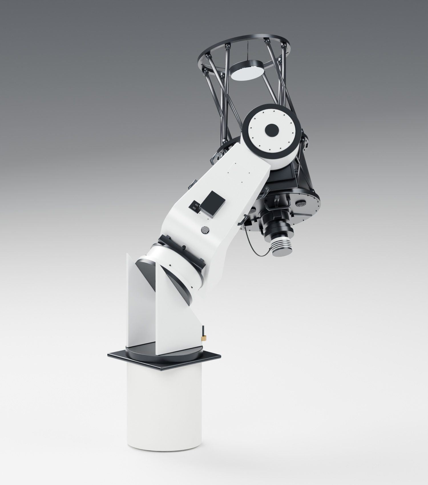 Rear view showing the optical tube, accessories and mount.