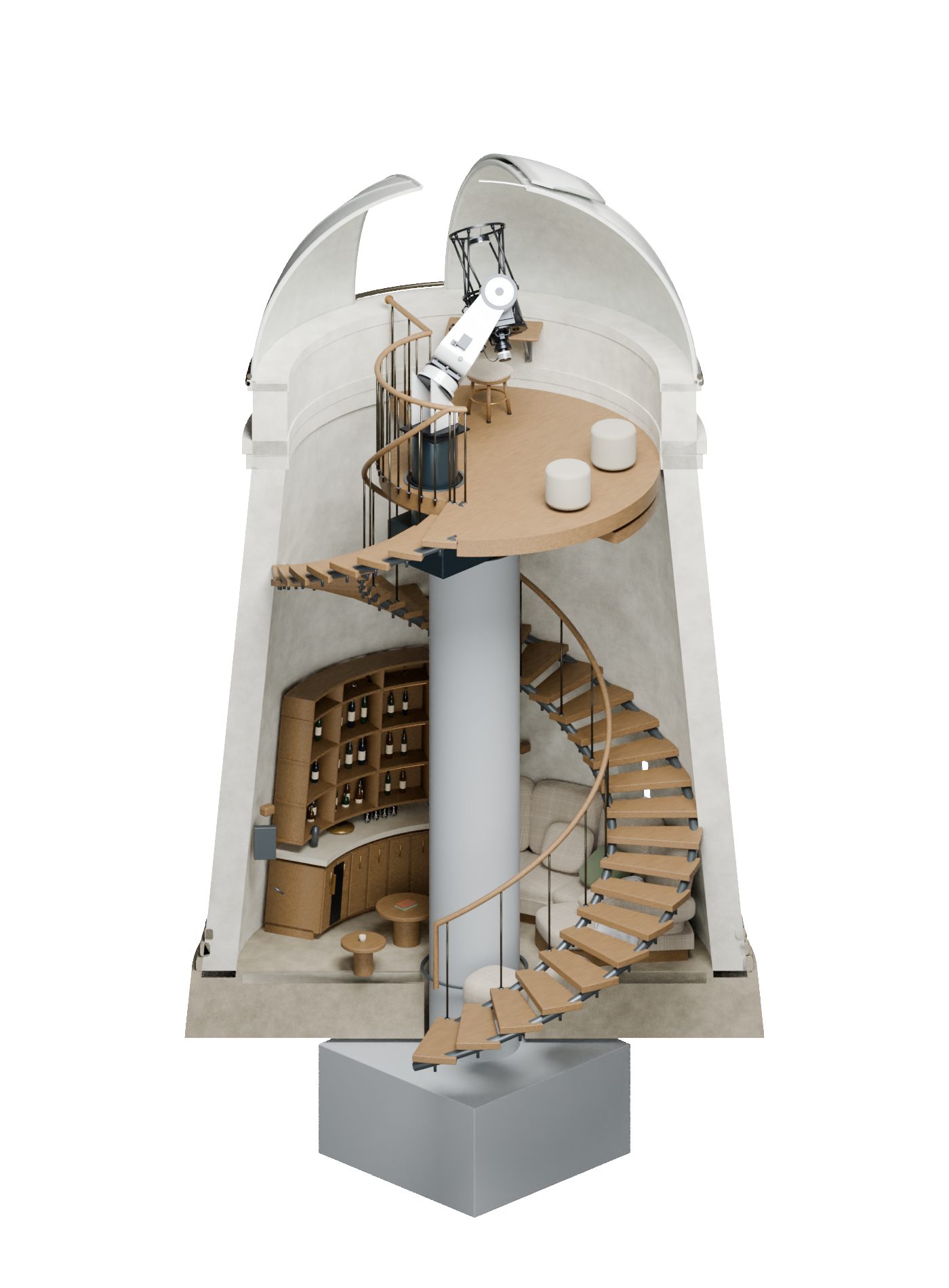 The unselected windmill option, cut away from the entrance side to show the central shaft through the lounge.