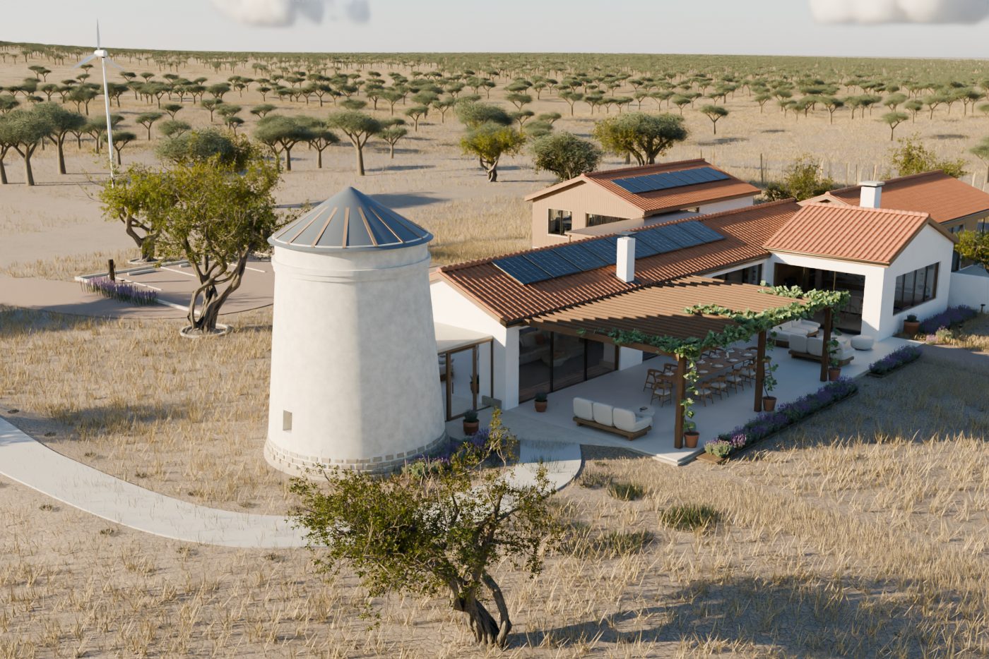 The former windmill with an ordinary closed roof, retained as a lounge and interpretation space.